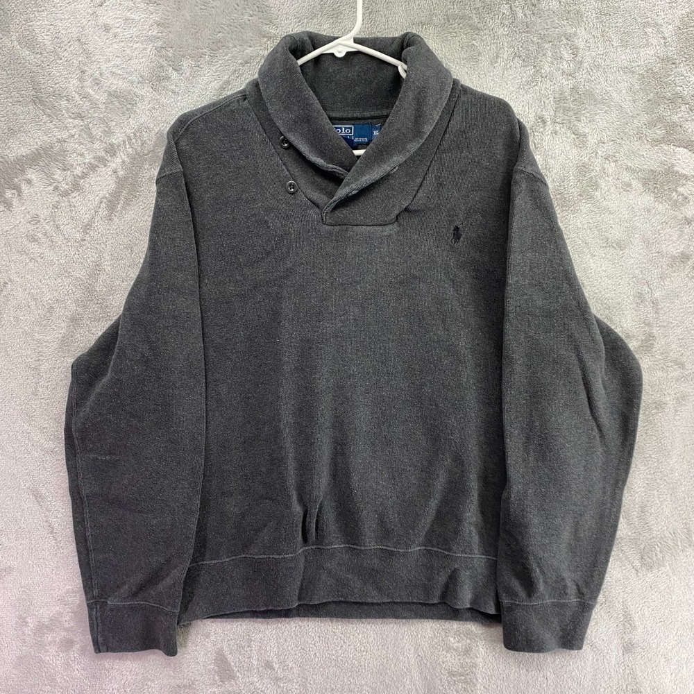 Polo Ralph Lauren Mens XL Gray Shawl Collar Cotton Pullover Sweatshirt Pony EUC!
